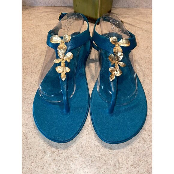 New Oka.B Ladies Slingback Sandals Teal with Gold Accents Size 10 - Picture 1 of 5